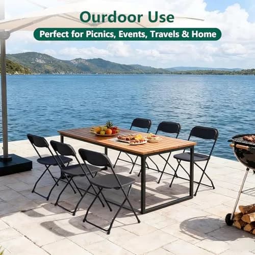 FurniEdge 4 Pack Black Plastic Folding Chairs | Outdoor Portable Steel Frame, 350lbs Support, Stackable for Patio & Events thumbnail 6