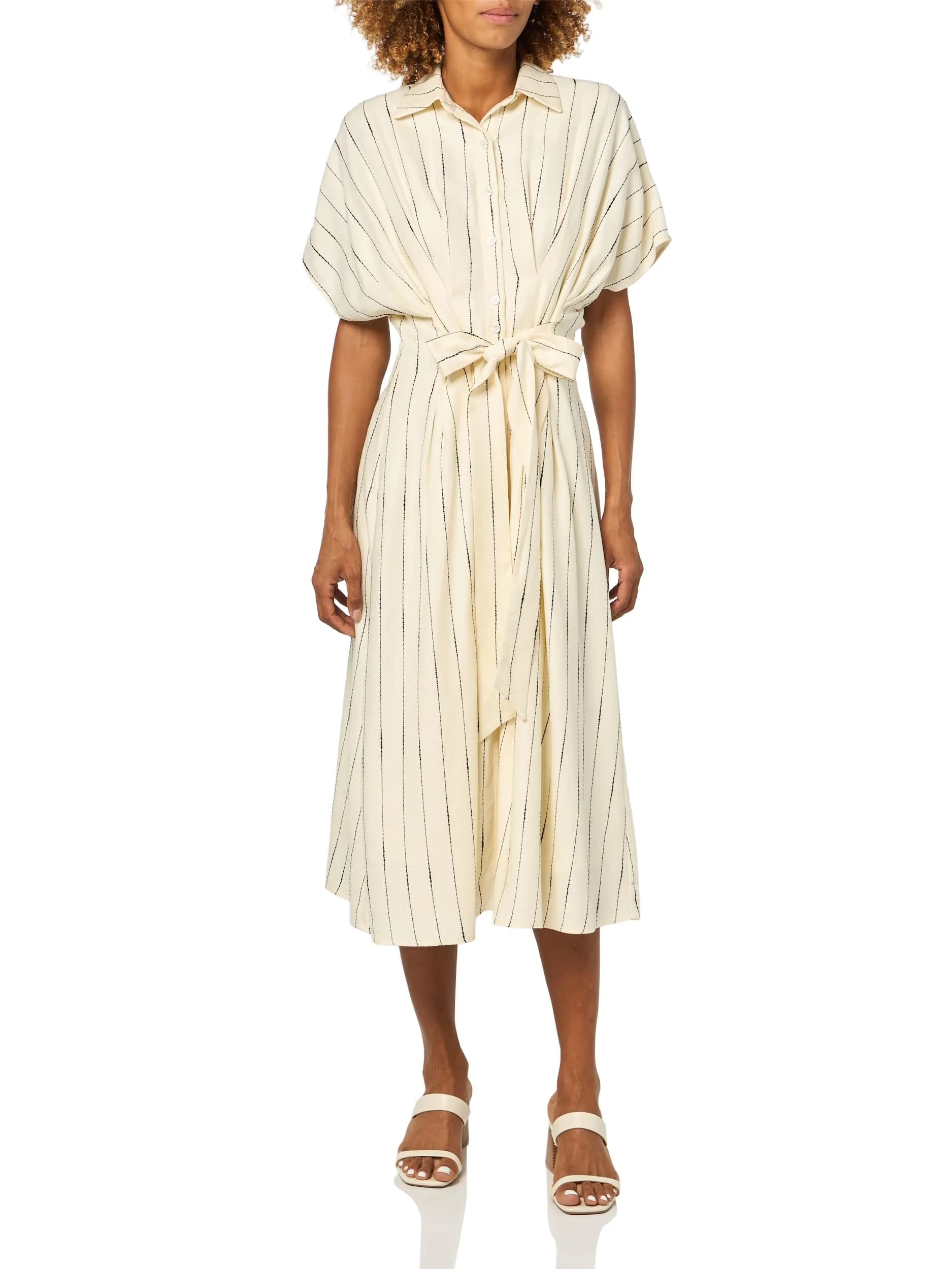 En Saison Rebekah Midi Shirt Dress, Ivory Black, M | Structured Button-Front, Short Dolman Sleeves