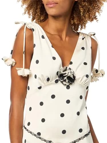En Saison Women's Abigail Mini Dress, Ivory Black, S | Polka Dot Fitted Dress with Floral Appliqué Straps thumbnail 3
