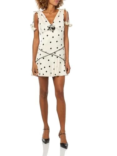 En Saison Abigail Mini Dress XS Ivory Black | Feminine Polka Dot Style with Floral Appliqué Straps thumbnail 1