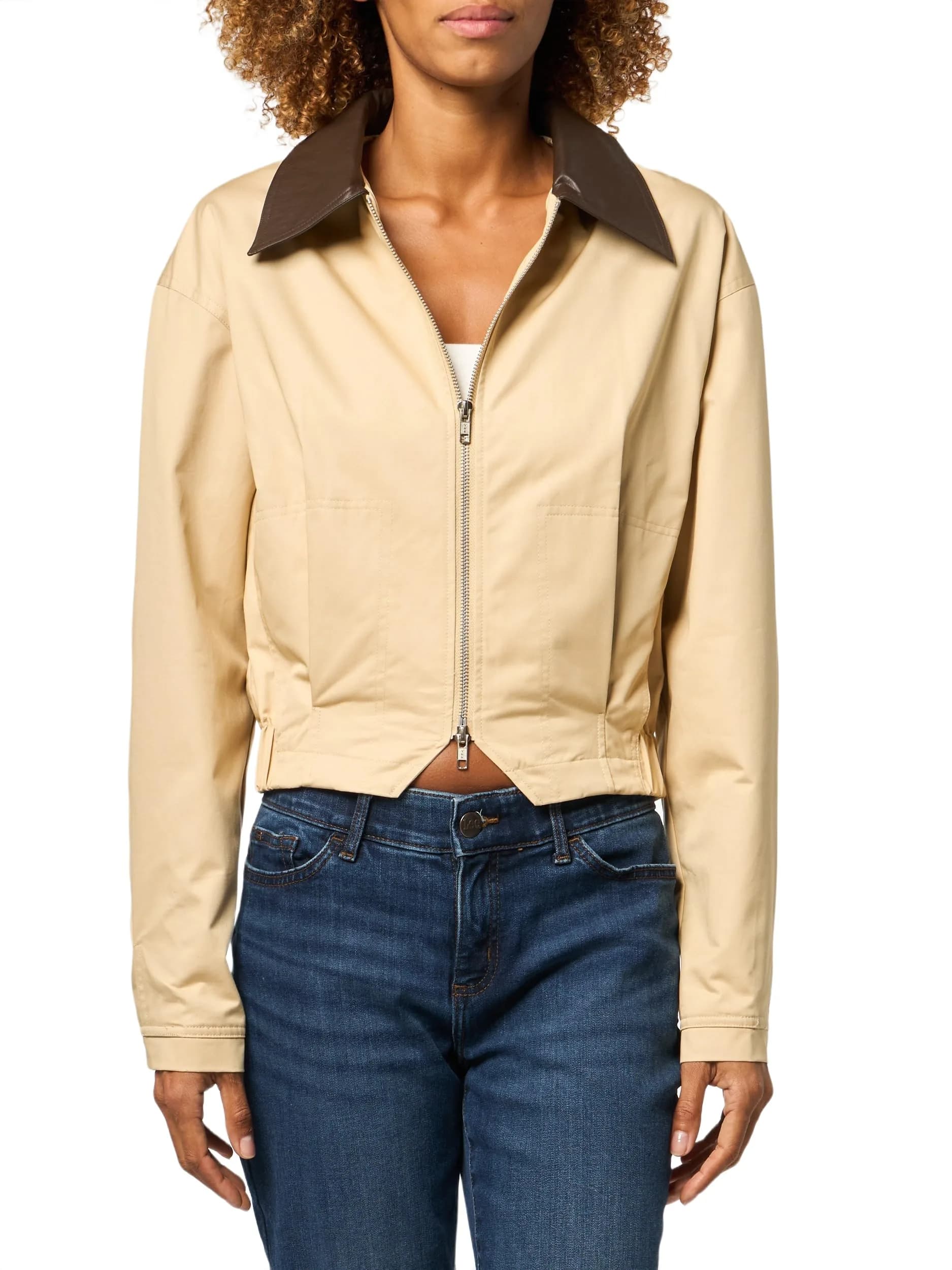 En Saison Women's Cecilla Zip Up Jacket, Khaki Brown, XS | Structured Fit with Faux Leather Collar — Khaki Brown