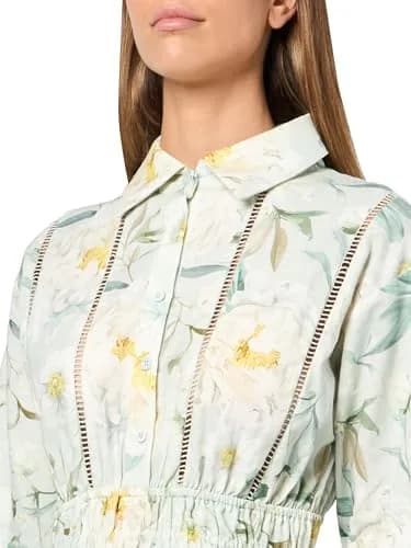 En Saison Women's Marlowe Mini Dress, Sage White Yellow | Floral Mini Dress with Elastic Waist thumbnail 3