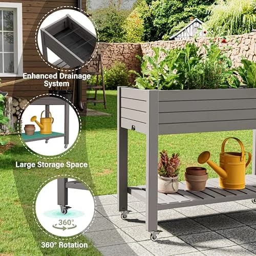 WTFGO Elevated Raised Garden Bed with Wheels, 33.7"h | Durable Resin Planter Box for Garden & Balcony thumbnail 4
