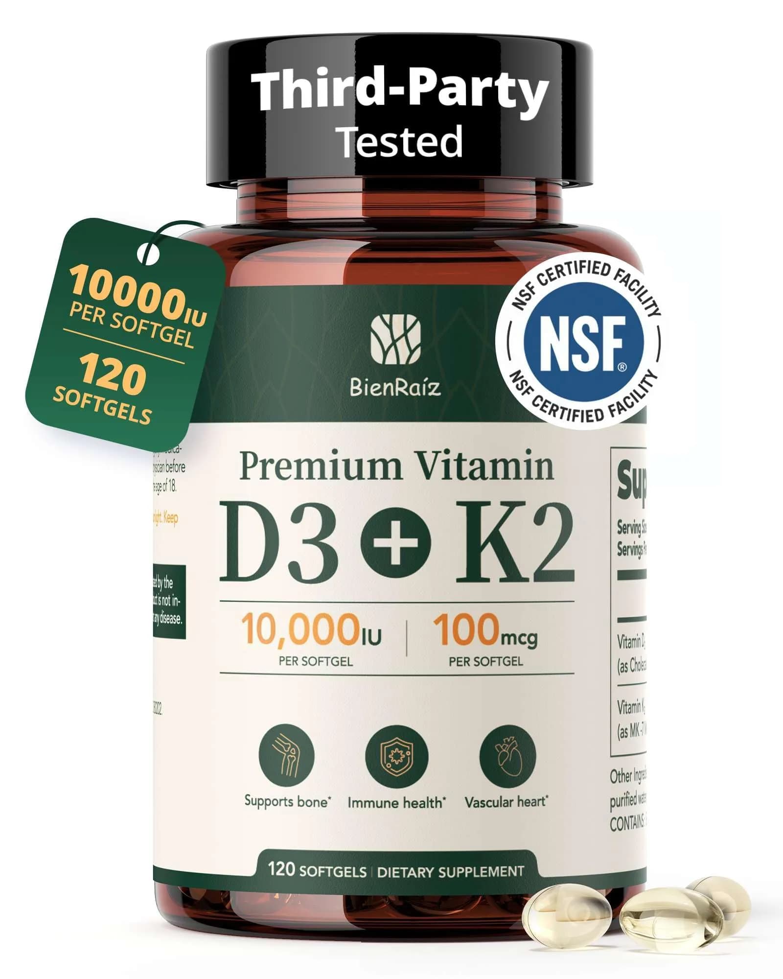 BienRaíz Vitamin D3 K2 10000IU 120 Softgels | Supports Bone & Heart Health — 10000IU