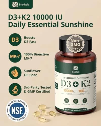 BienRaíz Vitamin D3 K2 10000IU 120 Softgels | Supports Bone & Heart Health thumbnail 4