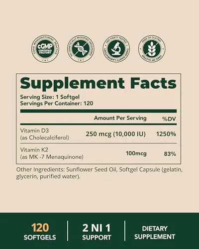 BienRaíz Vitamin D3 K2 10000IU 120 Softgels | Supports Bone & Heart Health thumbnail 9