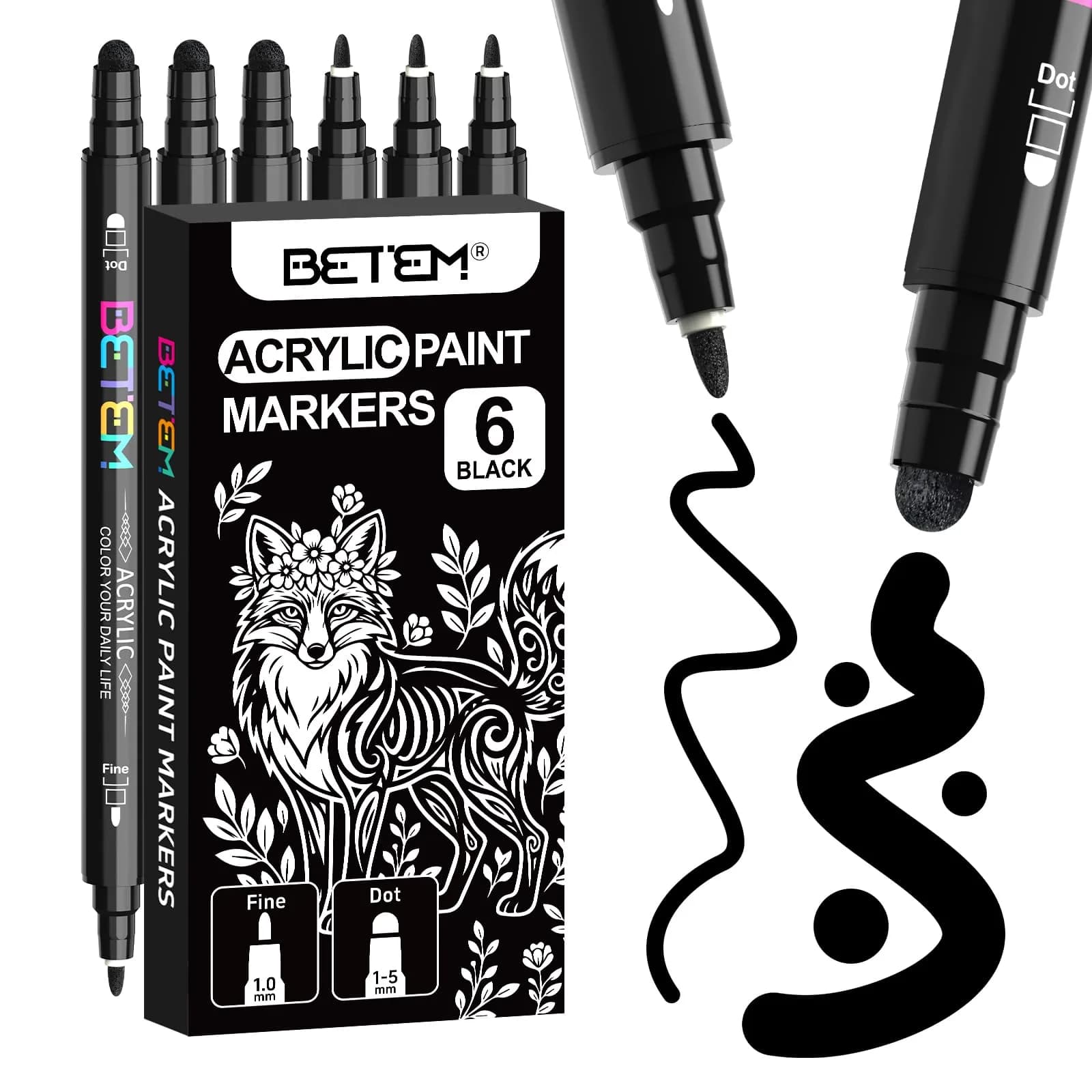 Betem Black Dual Tip Acrylic Paint Markers, 6-Count | Water-Based, Acid-Free Ink for Fabric, Wood, Glass, Canvas - main product image