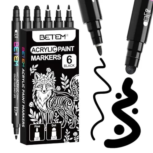 Betem Black Dual Tip Acrylic Paint Markers, 6-Count | Water-Based, Acid-Free Ink for Fabric, Wood, Glass, Canvas thumbnail 1