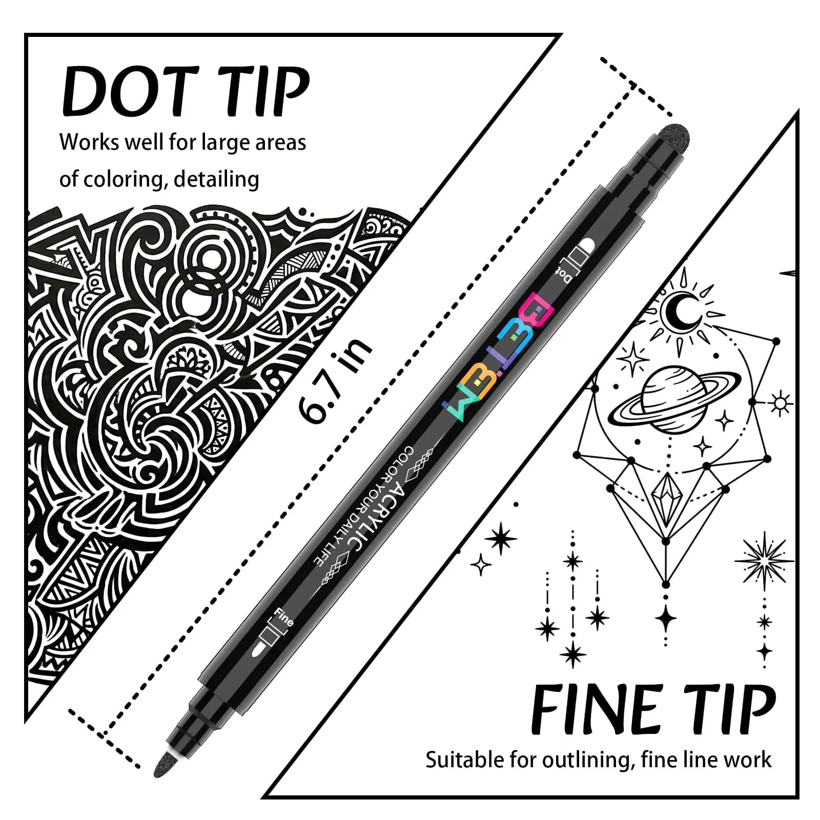 Betem Black Dual Tip Acrylic Paint Markers, 6-Count | Water-Based, Acid-Free Ink for Fabric, Wood, Glass, Canvas - view 2