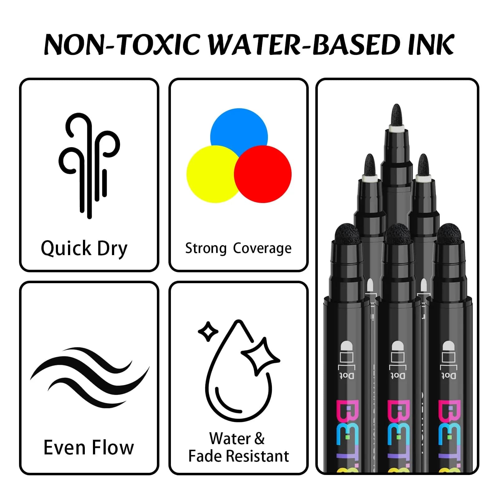 Betem Black Dual Tip Acrylic Paint Markers, 6-Count | Water-Based, Acid-Free Ink for Fabric, Wood, Glass, Canvas - view 3