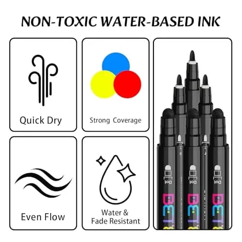 Betem Black Dual Tip Acrylic Paint Markers, 6-Count | Water-Based, Acid-Free Ink for Fabric, Wood, Glass, Canvas thumbnail 3