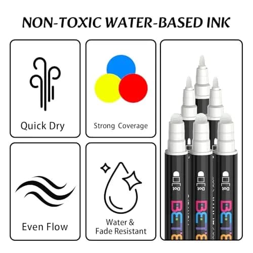 Betem White Acrylic Paint Markers Dual Tip Fabric Decorating Kits 6 Count | Water-Based Opaque Ink for Crafts thumbnail 3