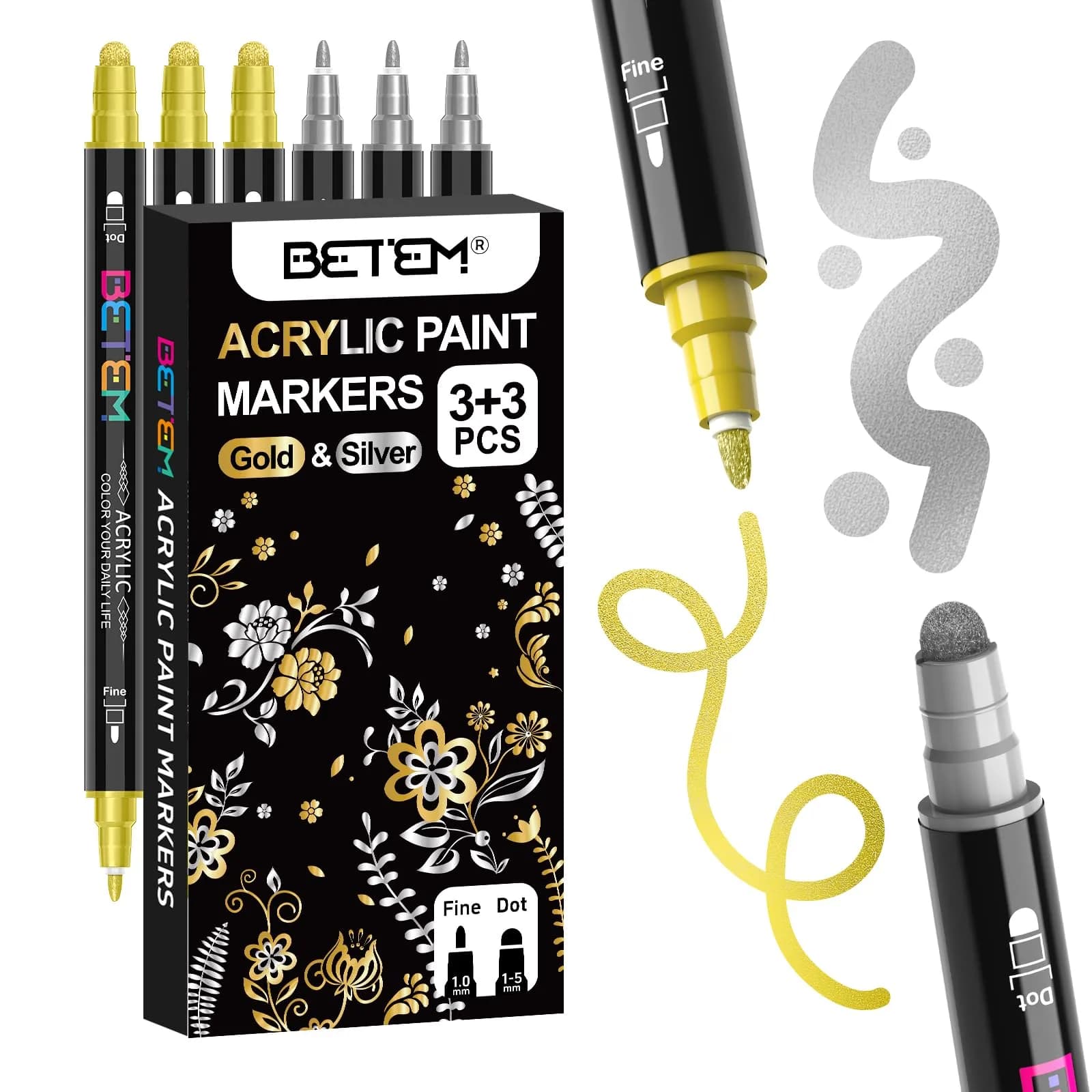 Betem Dual Tip Acrylic Paint Markers 6-Pack (Gold & Silver) | Metallic Ink for Fabric, Rock, Glass, Canvas - main product image