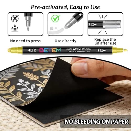 Betem Dual Tip Acrylic Paint Markers 6-Pack (Gold & Silver) | Metallic Ink for Fabric, Rock, Glass, Canvas thumbnail 6