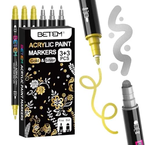Betem Dual Tip Acrylic Paint Markers 6-Pack (Gold & Silver) | Metallic Ink for Fabric, Rock, Glass, Canvas thumbnail 1