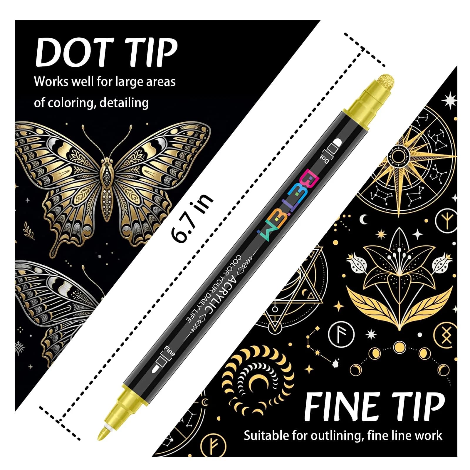 Betem Dual Tip Acrylic Paint Markers 6-Pack (Gold & Silver) | Metallic Ink for Fabric, Rock, Glass, Canvas - view 2