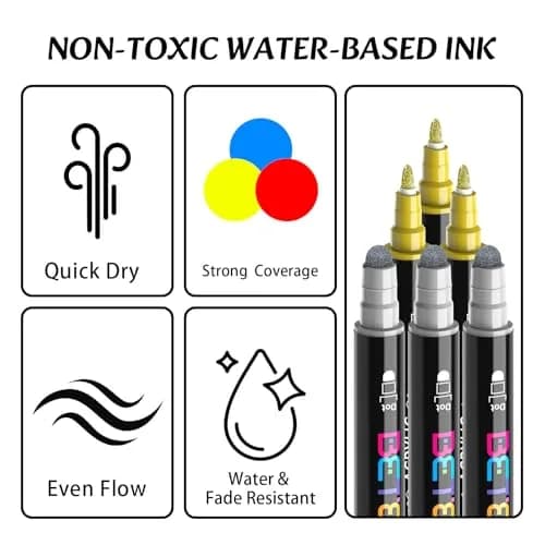 Betem Dual Tip Acrylic Paint Markers 6-Pack (Gold & Silver) | Metallic Ink for Fabric, Rock, Glass, Canvas thumbnail 3