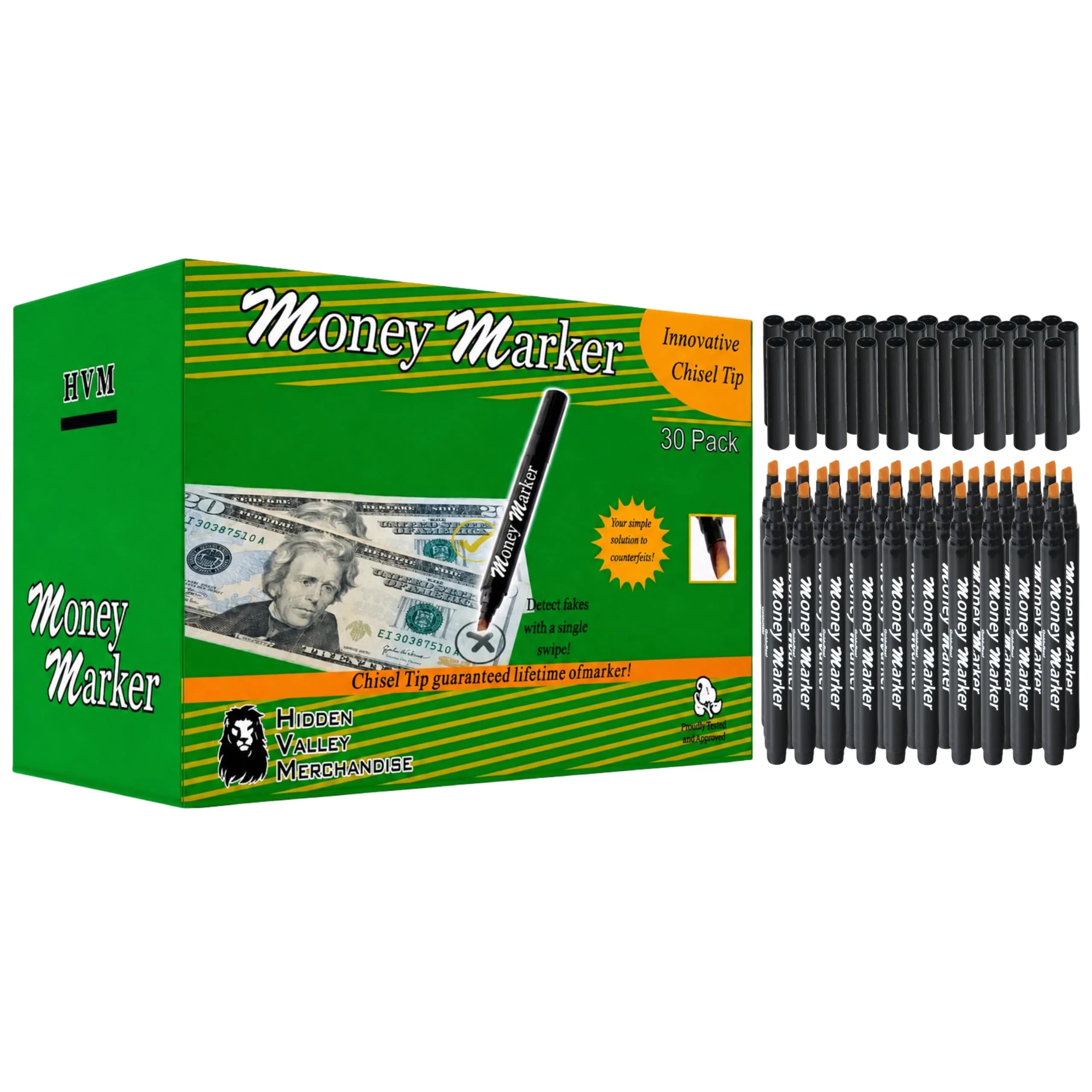 HVM Counterfeit Money Detector Pen (30 Pack) | Detect Fake Bills with Special Ink — Black