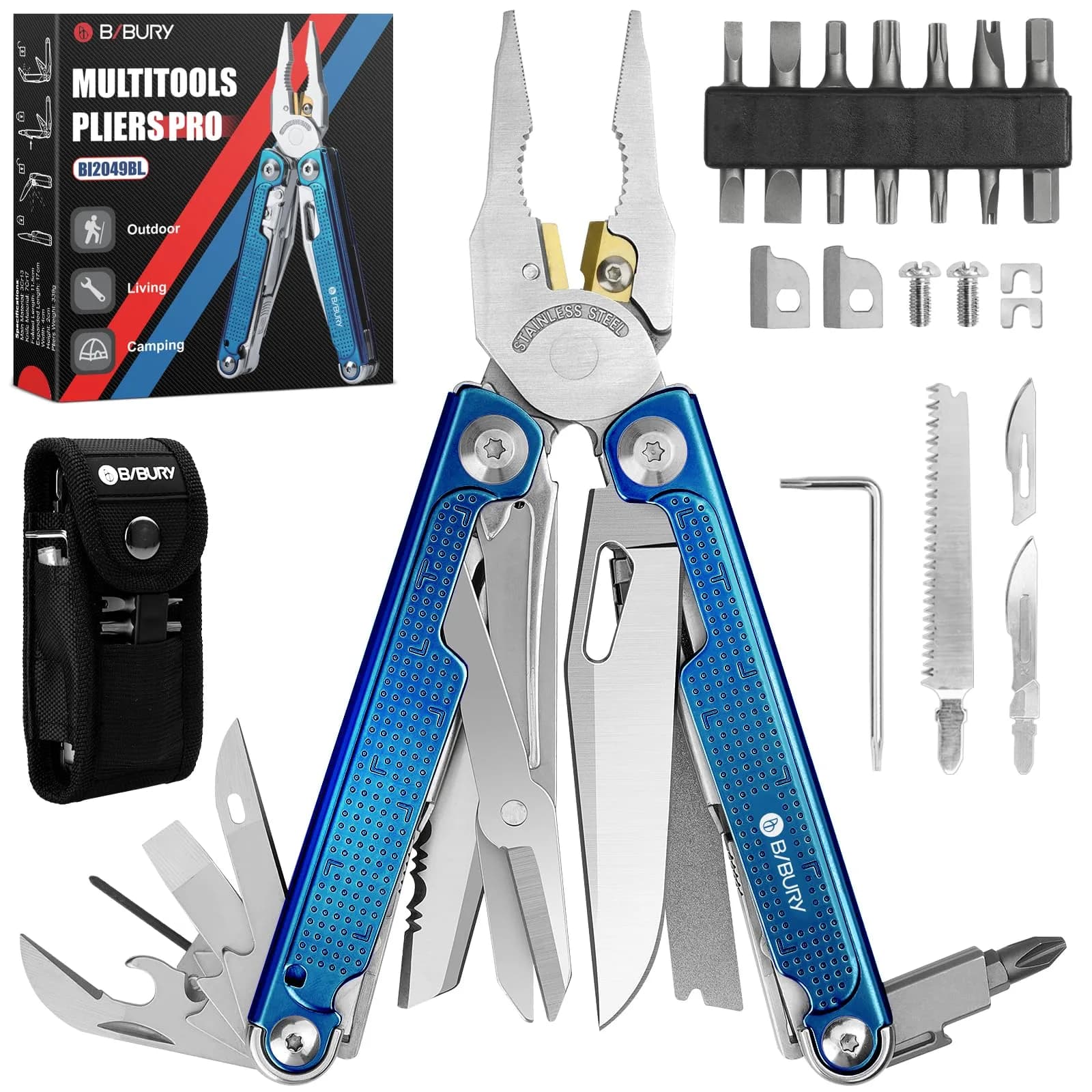 BIBURY Multitool Pliers Pro with 440A Knife & Full Size Scissors | 22-in-1 Professional Multi-Tool for Heavy-Duty Tasks — Blue Titanium