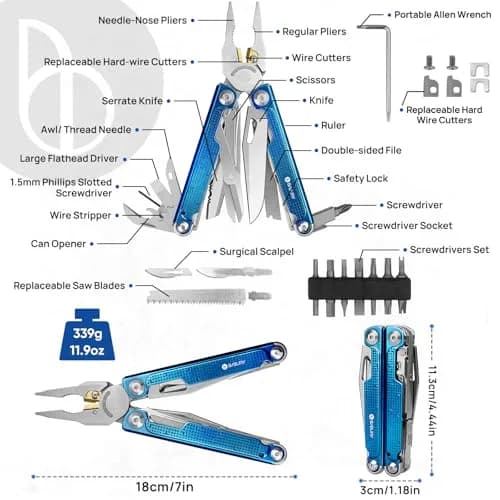 BIBURY Multitool Pliers with Blue Titanium Handle & 440A Knife | Durable & Versatile for Outdoor & DIY thumbnail 9