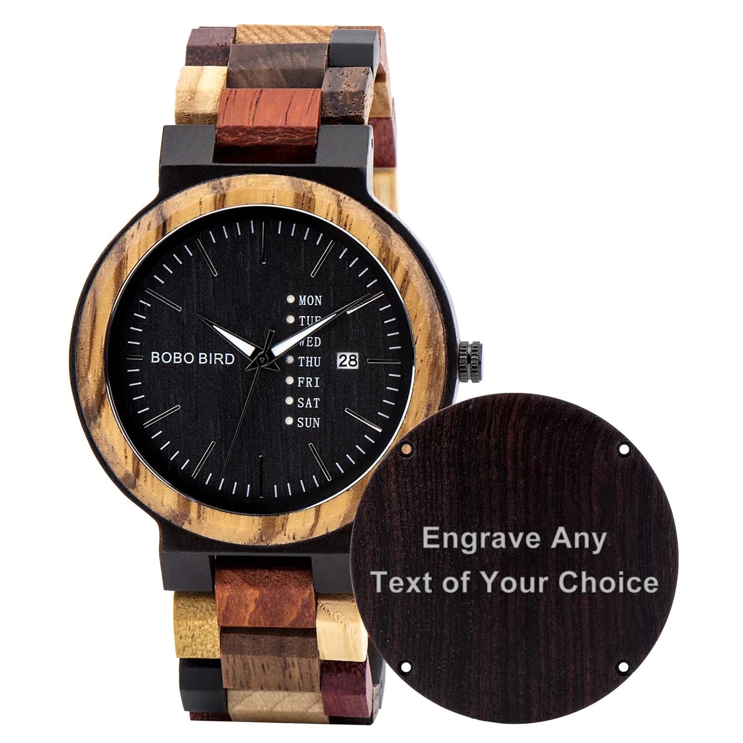 BOBO BIRD Custom Wood Watch for Women & Men | Natural Wood & Mixed Materials, Week & Date Display - view 5
