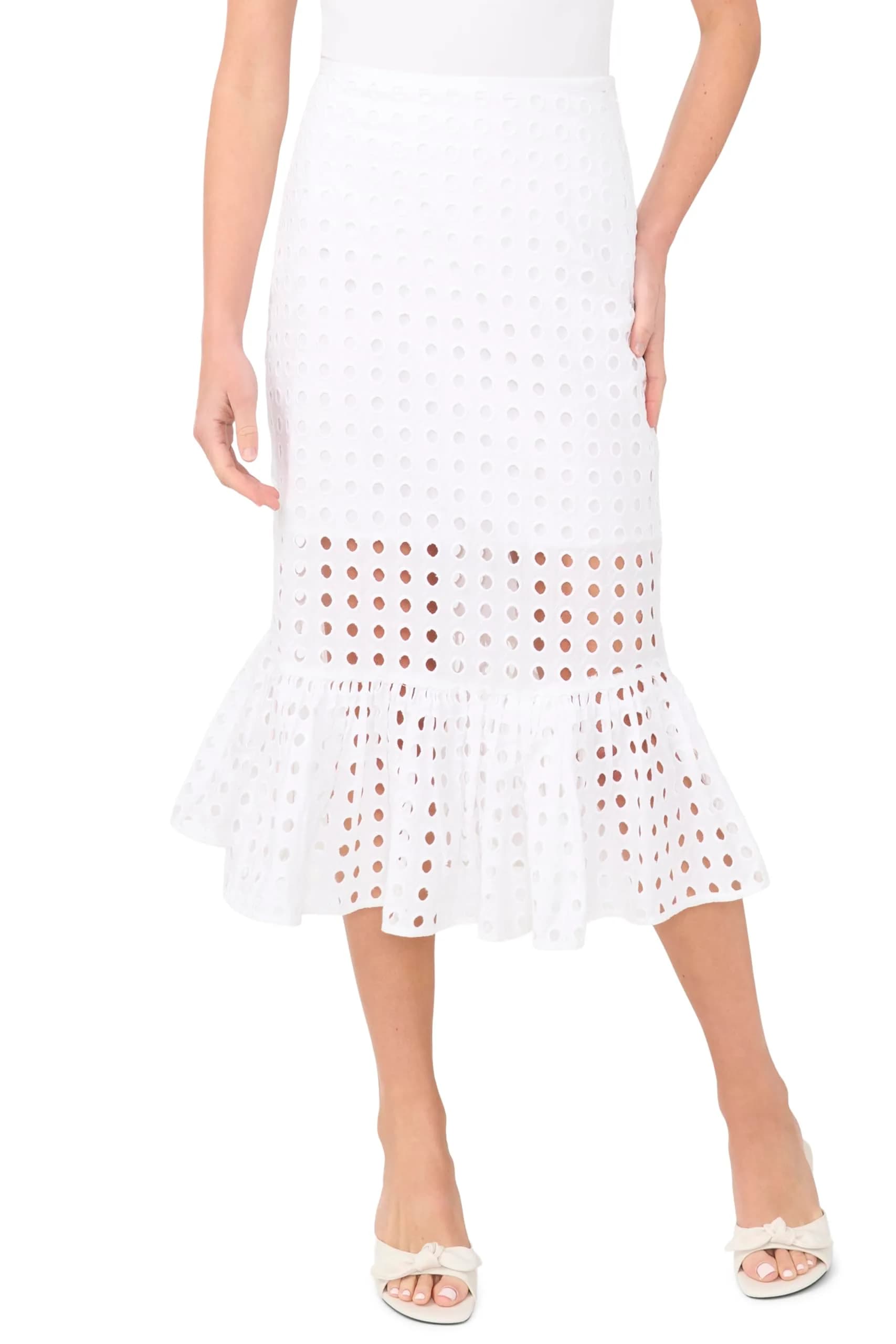CeCe Eyelet Ruffle Tier Midi Skirt in Ultra White | Flowy, Romantic, 6 — Ultra White
