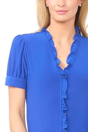 CeCe Short Sleeve Button Ruffle Trim Top | DP Royal Blue, Large, Regular Fit thumbnail 2