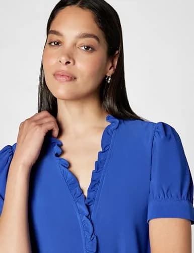CeCe Short Sleeve Button Ruffle Trim Top | DP Royal Blue, Large, Regular Fit thumbnail 3