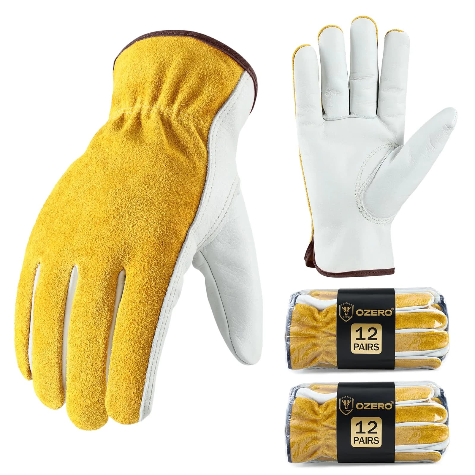 OZERO Genuine Leather Work Gloves XL | EN388 Certified, 24 Pairs, Gold/Light Cyan