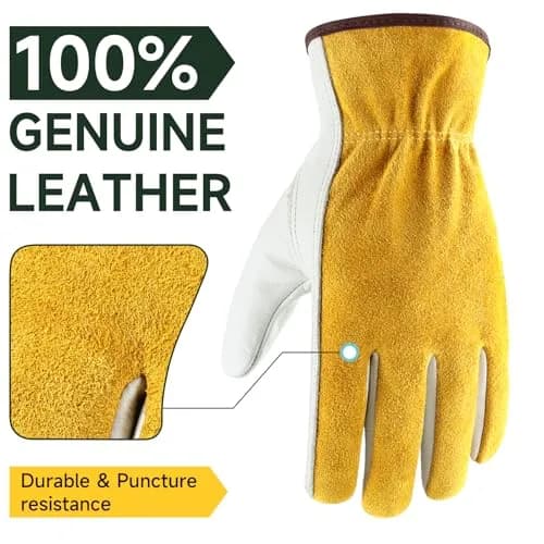 OZERO Genuine Leather Work Gloves XL | EN388 Certified, 24 Pairs, Gold/Light Cyan thumbnail 2