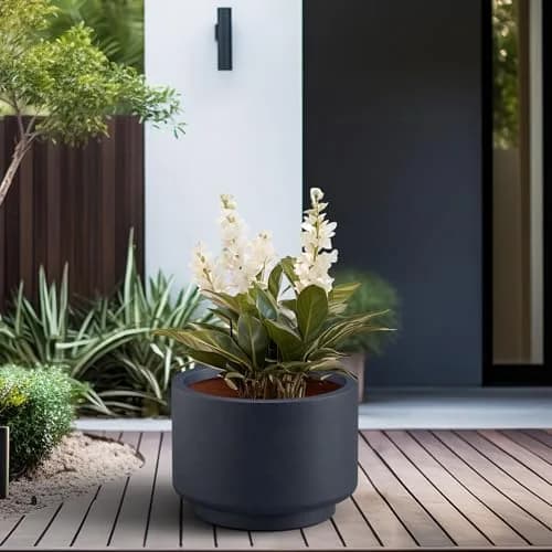 Kante Large Round Pedestal Charcoal Concrete Planter 15.7" Dia, Outdoor | Modern Weather-Resistant Garden Decor thumbnail 3
