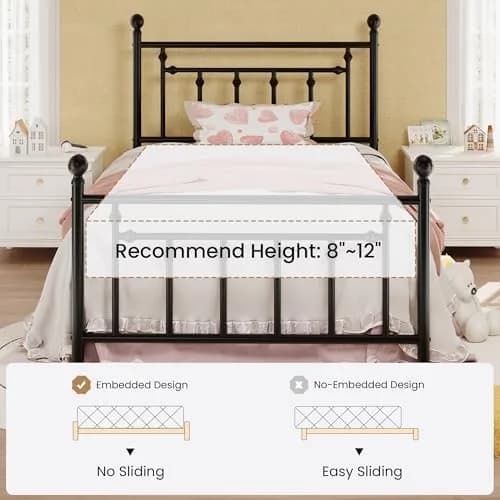 SHA CERLIN Twin Size Metal Bed Frame 14" | Noise-Free Steel Mattress Foundation in Black thumbnail 7