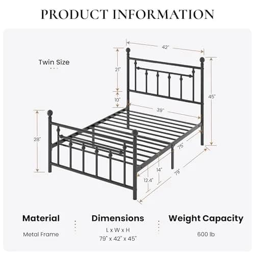 SHA CERLIN Twin Size Metal Bed Frame 14" | Noise-Free Steel Mattress Foundation in Black thumbnail 2