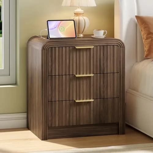 Decofy Fluted 3-Drawer Nightstand with Charging Station, Walnut | Modern Bedroom End Table with USB & Type-C Ports thumbnail 1