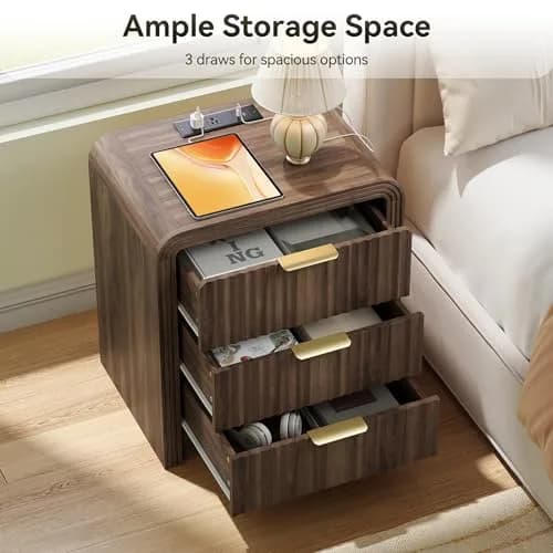 Decofy Fluted 3-Drawer Nightstand with Charging Station, Walnut | Modern Bedroom End Table with USB & Type-C Ports thumbnail 4