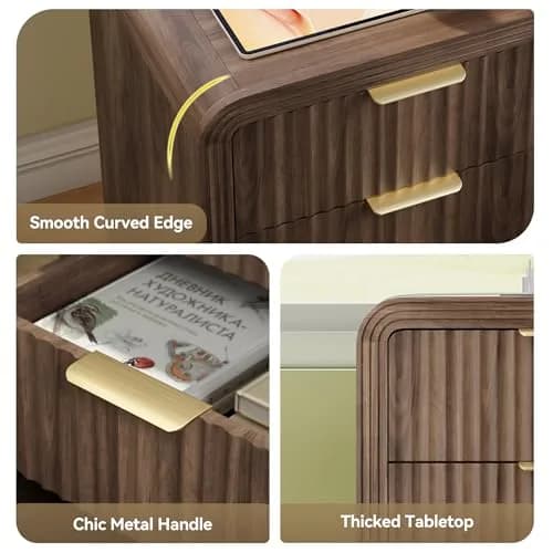 Decofy Fluted 3-Drawer Nightstand with Charging Station, Walnut | Modern Bedroom End Table with USB & Type-C Ports thumbnail 5