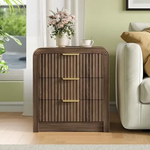 Decofy Fluted 3-Drawer Nightstand with Charging Station, Walnut | Modern Bedroom End Table with USB & Type-C Ports thumbnail 6