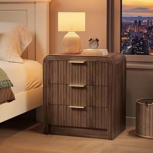 Decofy Fluted 3-Drawer Nightstand with Charging Station, Walnut | Modern Bedroom End Table with USB & Type-C Ports thumbnail 7