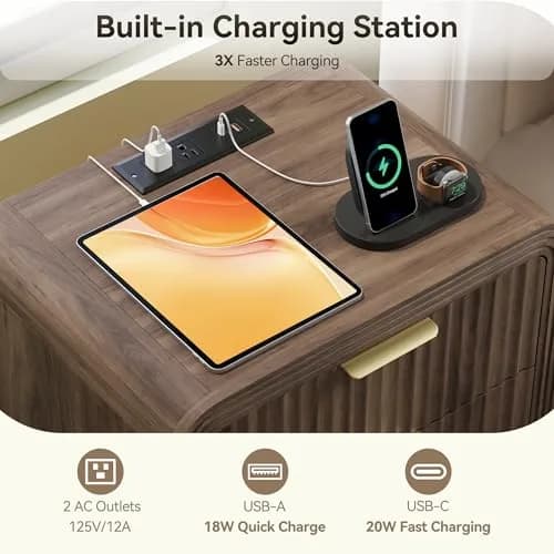 Decofy Fluted 3-Drawer Nightstand with Charging Station, Walnut | Modern Bedroom End Table with USB & Type-C Ports thumbnail 2