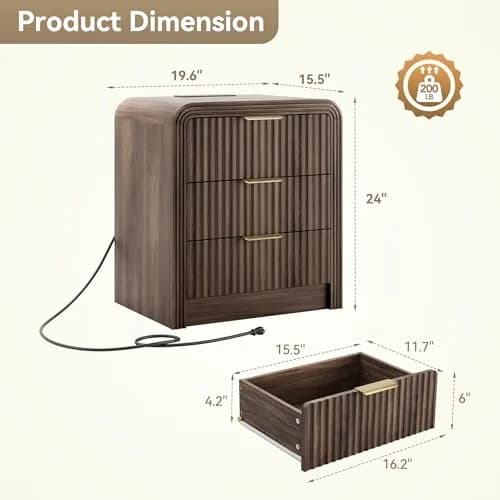 Decofy Fluted 3-Drawer Nightstand with Charging Station, Walnut | Modern Bedroom End Table with USB & Type-C Ports thumbnail 3