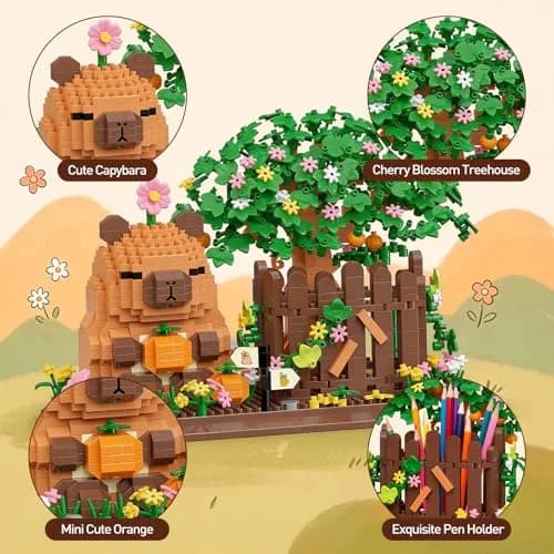 HIGH GODO Capybara Pen Holder Building Set with Flowers | 1400PCS Non-Toxic Toy for Capybara Lovers thumbnail 3