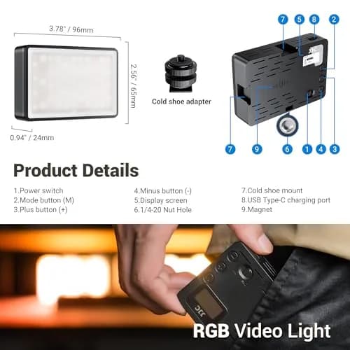 JJC Camera Continuous Light RGB LED Flash for Sony ZV-1F & More | Rechargeable 2600mAh Battery, 24 Scene Modes, Cold Shoe Mounts thumbnail 4