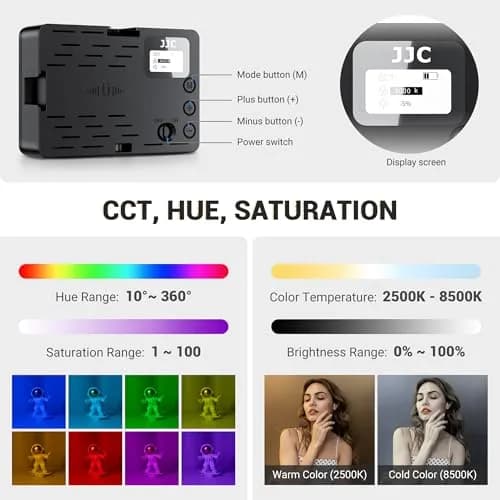JJC Camera Continuous Light RGB LED Flash for Sony ZV-1F & More | Rechargeable 2600mAh Battery, 24 Scene Modes, Cold Shoe Mounts thumbnail 3