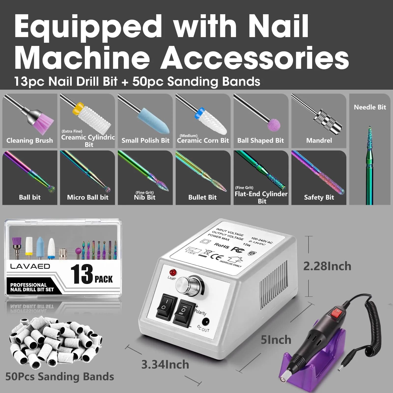 LAVAED Professional Electric Nail Drill Machine Kit 20000 RPM (Grey-White) | Low Noise Vibration with Drill Bits & Sanding Bands - view 5