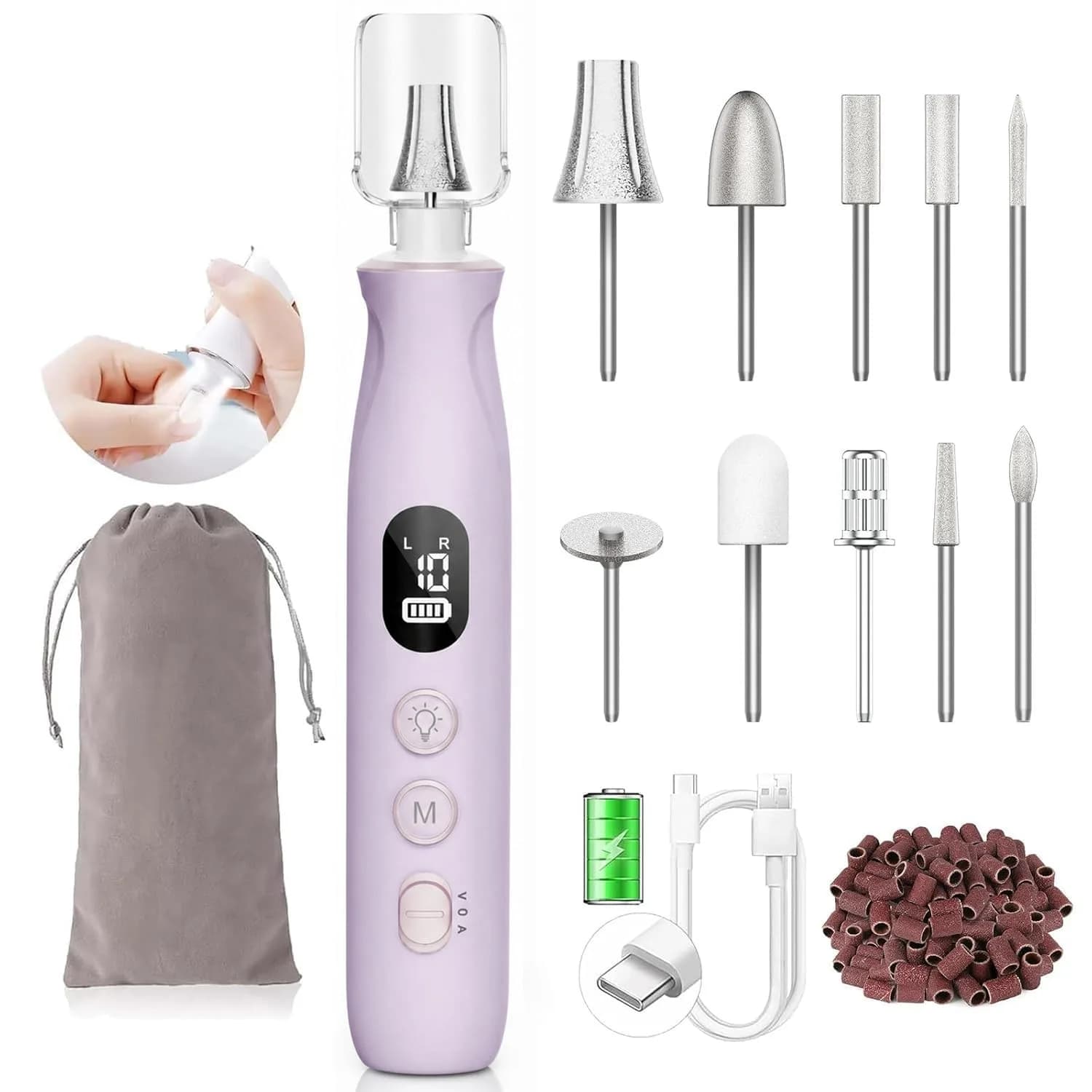 HSKAI Electric Nail Drill for Seniors, Rechargeable Cordless Nail Filer & Buffer, Purple (10-Speed, 10hr Battery) | Professional Hand & Foot Nail Care - main product image