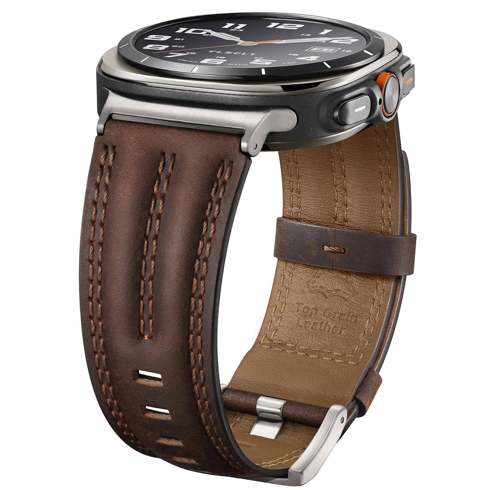 Tlselt Leather Band for Samsung Galaxy Watch Ultra 2/Ultra 47mm | Vintage Rugged Leather, Quick-Release, Fits 6.2"–8.9" Wrists — Sliver - Retro Walnut
