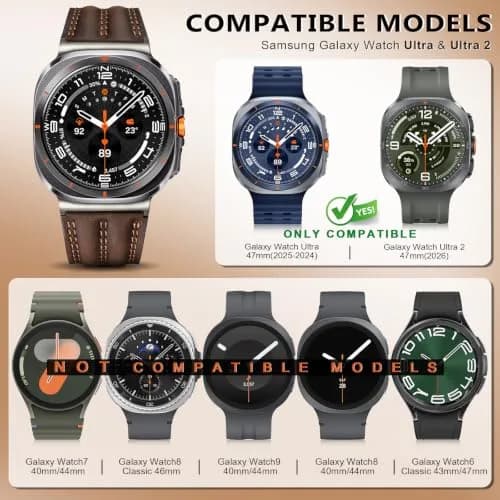 Tlselt Leather Band for Samsung Galaxy Watch Ultra 2/Ultra 47mm | Vintage Rugged Leather, Quick-Release, Fits 6.2"–8.9" Wrists thumbnail 2