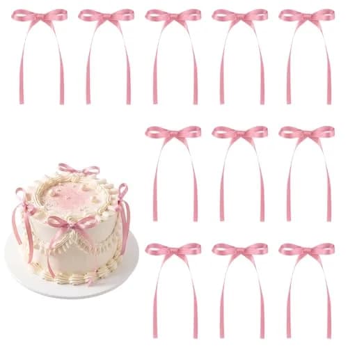 NatNarr Rose Pink Ribbon Bow Cake Toppers (30 Pack, 2.9 x 5.7 inches) | Handmade & Durable for Indian Celebrations - main product image