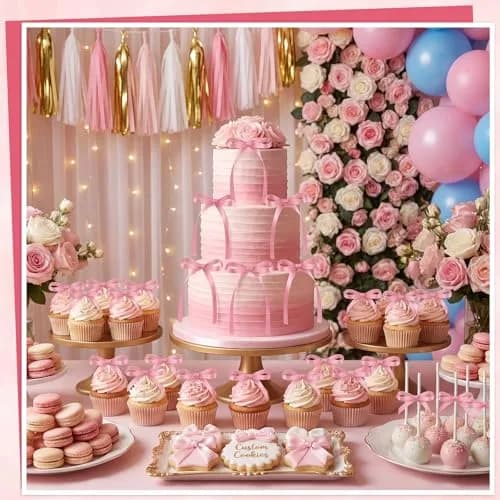 NatNarr Rose Pink Ribbon Bow Cake Toppers (30 Pack) | Handmade Polyester for Parties thumbnail 4