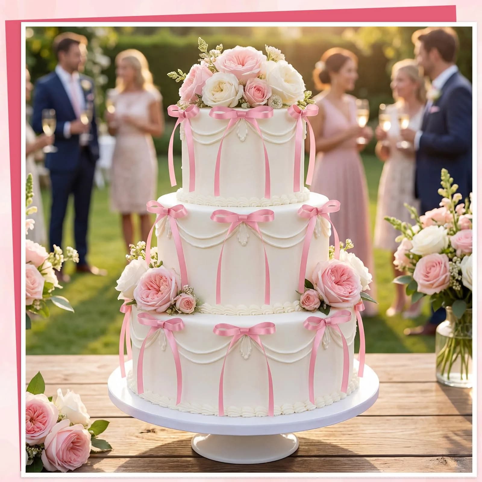 NatNarr Rose Pink Ribbon Bow Cake Toppers (30 Pack) - Handmade & Durable for Indian Celebrations - view 5